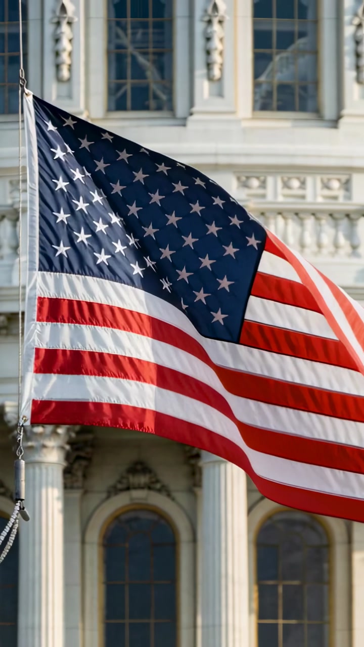Vertical video: Waving US flag billowing from wind on flagpole before civic building, ropes visible