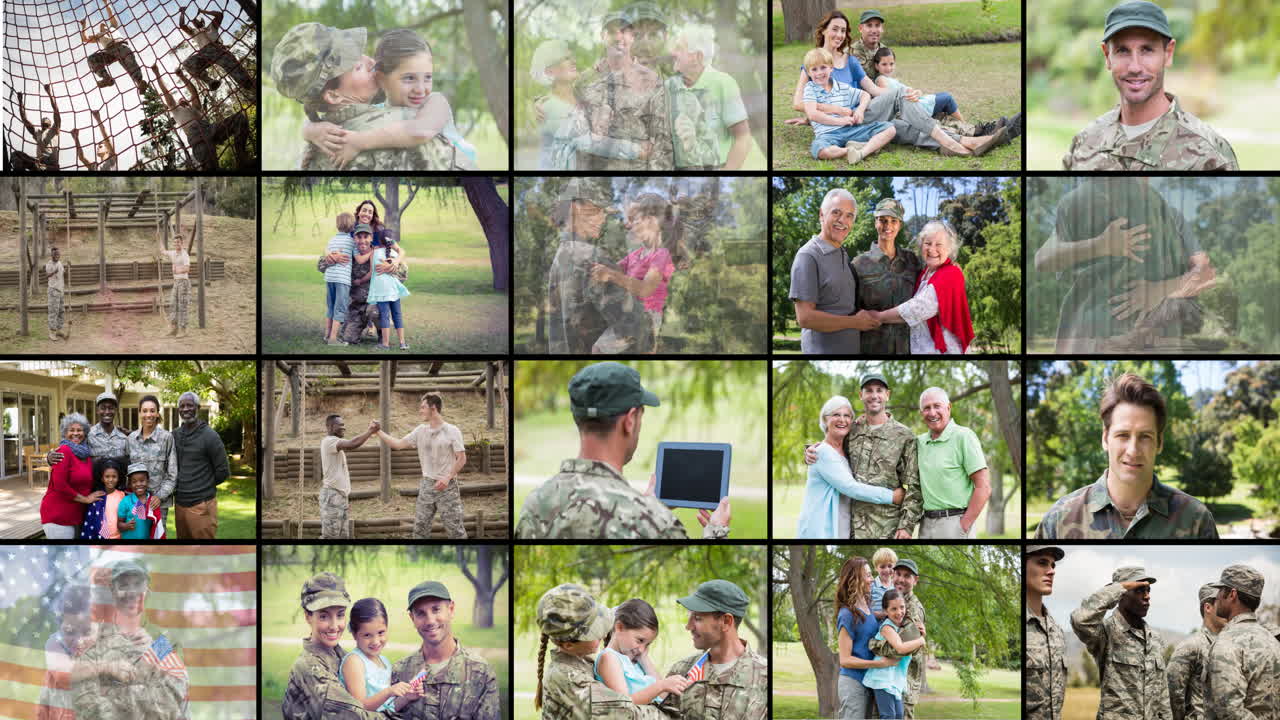 가족을 가진 다양한 남성과 여성 군인들의 애니메이션