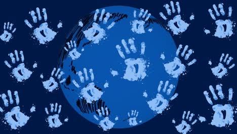 Animation-of-handprints-and-globe-on-blue-background