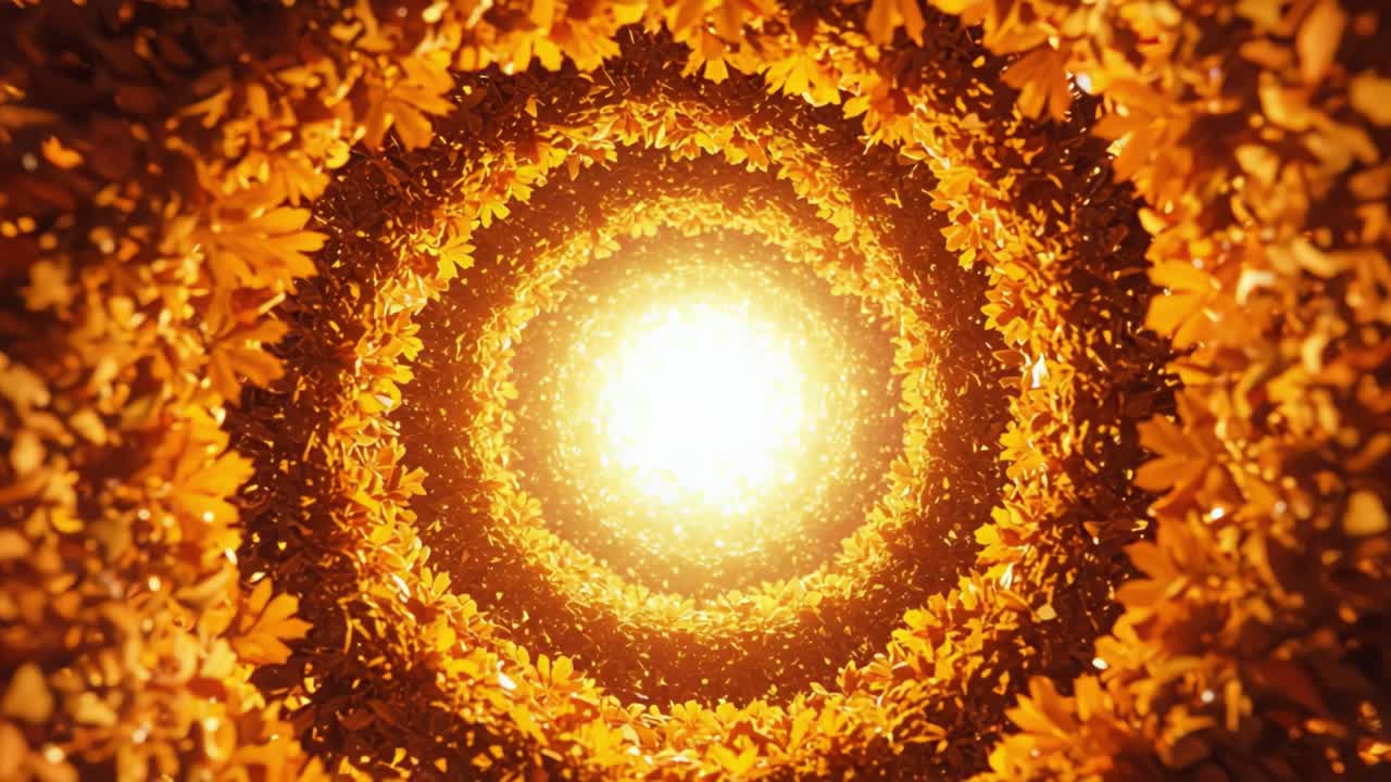 A Captivating Spiral of Vibrant Orange Leaves Surrounding a Radiant Sun, Creating a Stunning Visual of Nature's Beauty and Energy in Enveloping Patterns