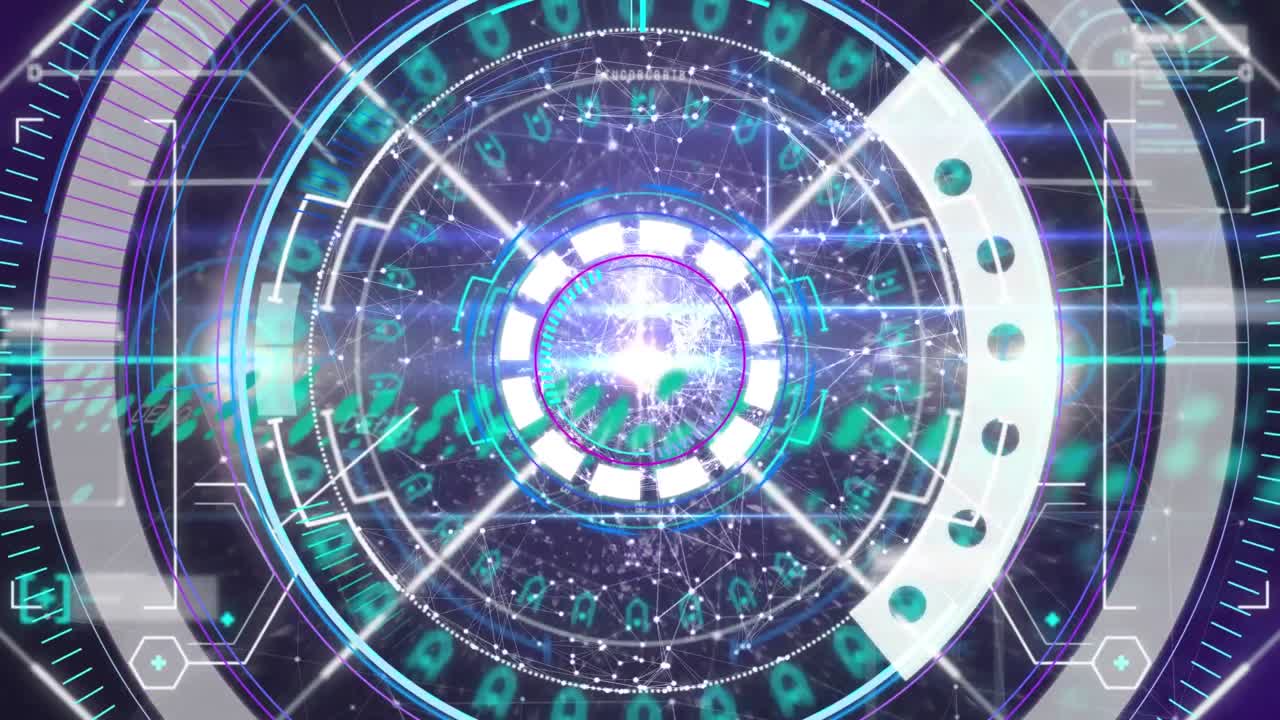 둥근 스캐너와 연결 네트워크의 전 세계에 대한 데이터 처리 인터페이스의 애니메이션