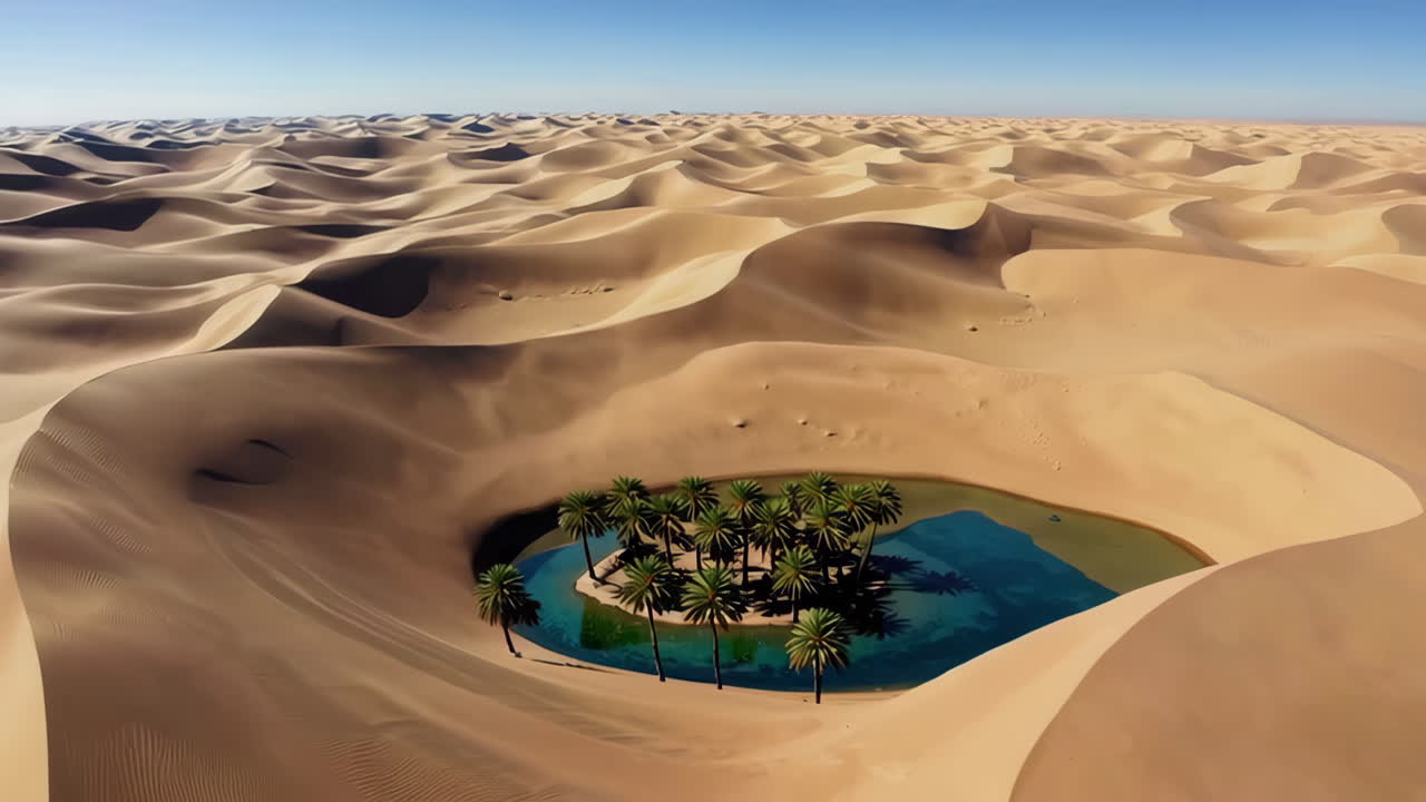 Desert Oasis with Palm Trees and Water Amidst Sand Dunes