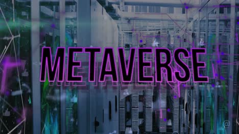 Animation-of-metaverse-text,-icons-over-connected-dots-on-data-server-systems-in-server-room