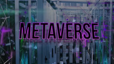 animación de texto metaverso, iconos sobre puntos conectados en sistemas de servidor de datos en la sala de servidores