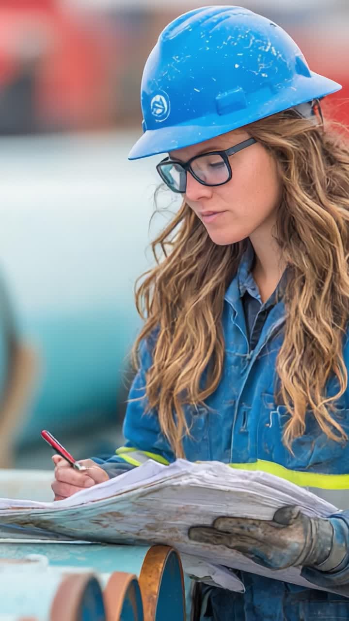 Focused Engineer Analyzing Project Plans at Construction Site: A Dedicated Woman in Safety Gear Concentrates on Technical Documents with Precision and Expertise