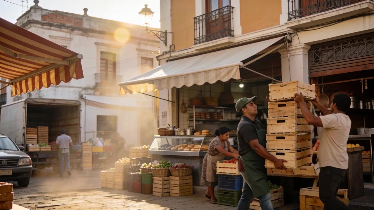 Sollevando casse mentre il camion si apre, lavoratori con grembiule verde e camicia chiara si spostano verso la bancarella del mercato rifornendo di frutta.