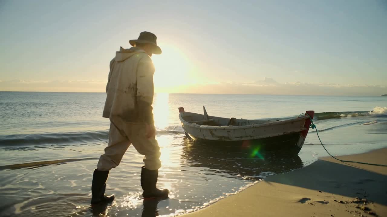 Pescador caminando, vistiendo un abrigo con capucha y botas de pesca, entrando en el oleaje hacia un bote de remos amarrado, con espacio para texto.