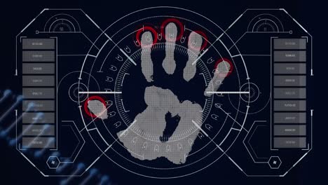 Animation-of-biometric-handprint-and-data-processing-over-black-background