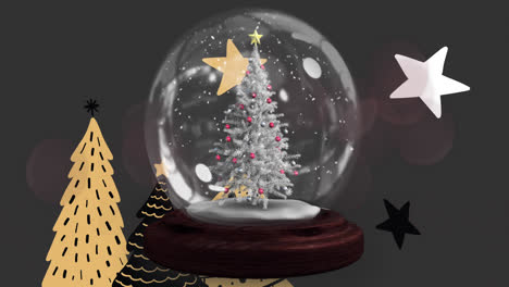 estrella fugaz alrededor del árbol de navidad en un globo de nieve contra los iconos del árbol de navidad en fondo gris