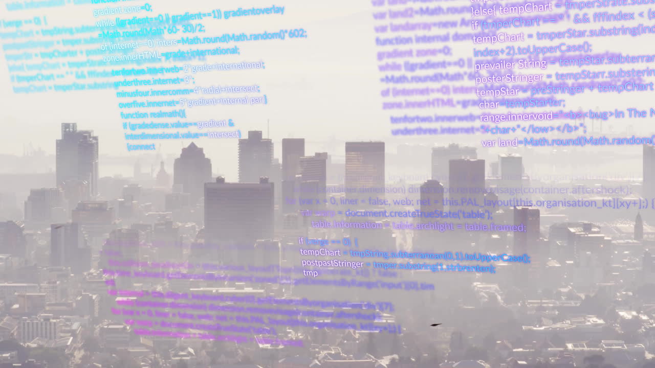 Animation of computer code overlaying city skyline, blending technology and urban life