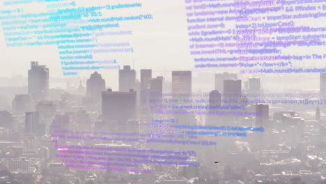 animation of computer code overlaying city skyline, blending technology and urban life