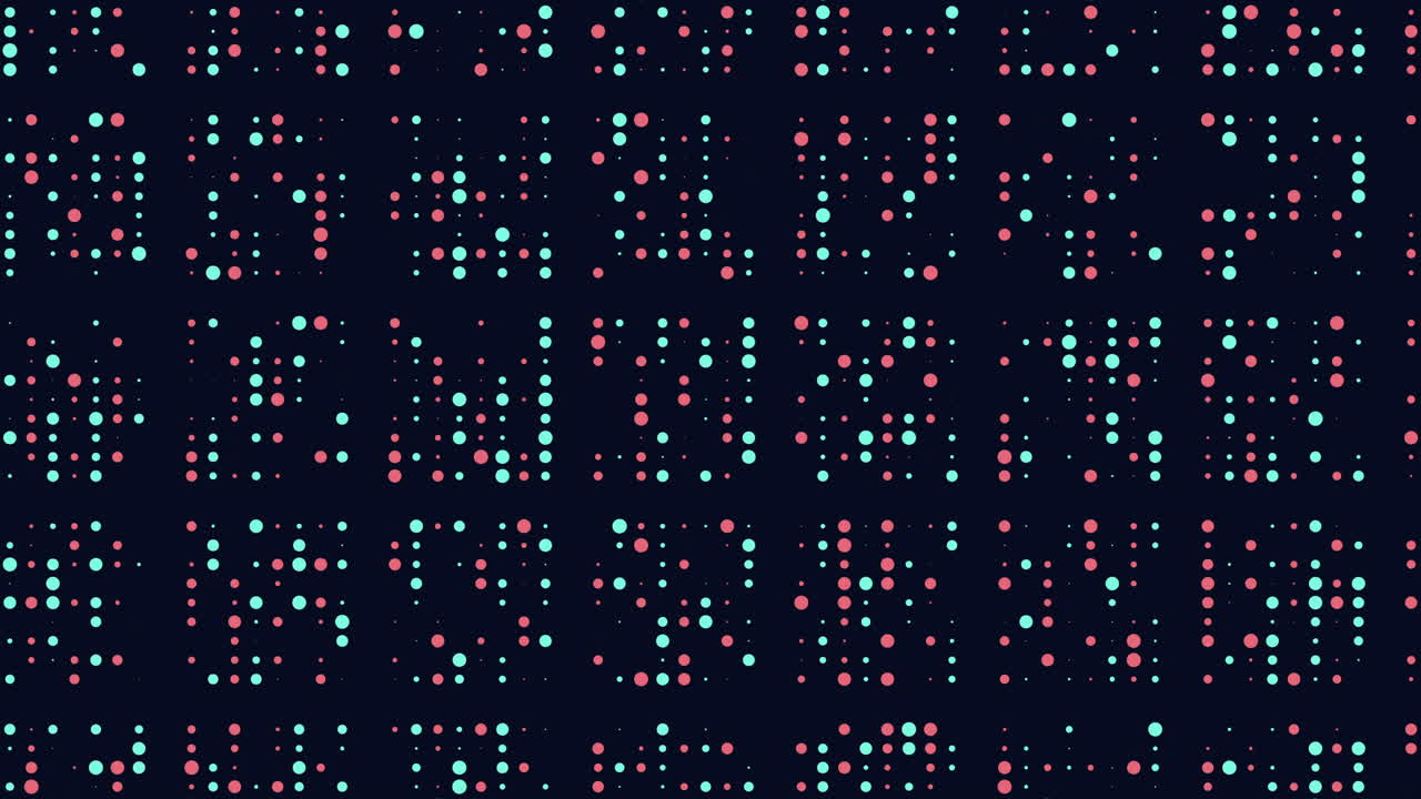 An intricate grid pattern formed by dots of varying shades of pink, green, and blue repetitively creates a visually appealing and colorful design in the image