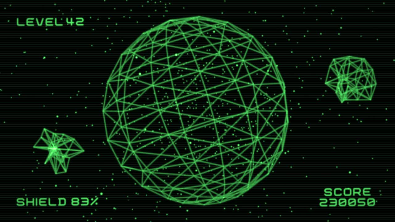 A retro motion graphics animation scene of an asteroid-type game with CRT scanlines and a green vector-style wireframe planet with floating and moving asteroid shapes around it