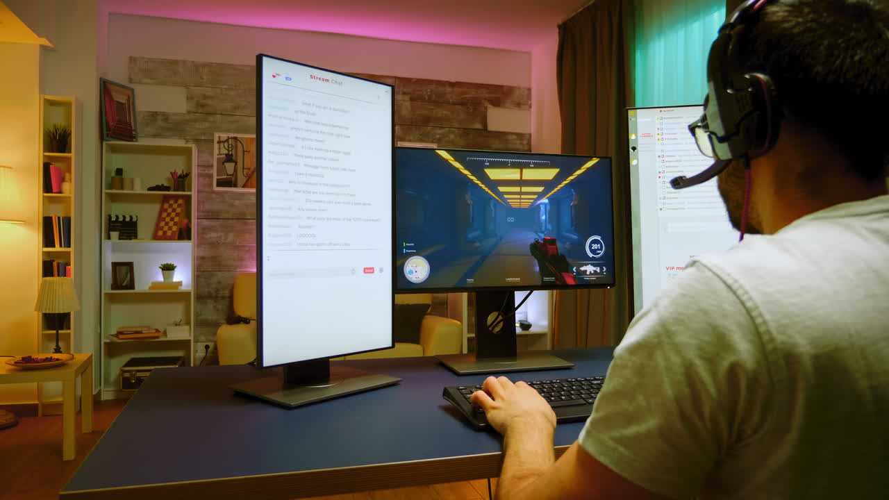 전문 게임 설정을 가진 젊은 남자의 뒷면