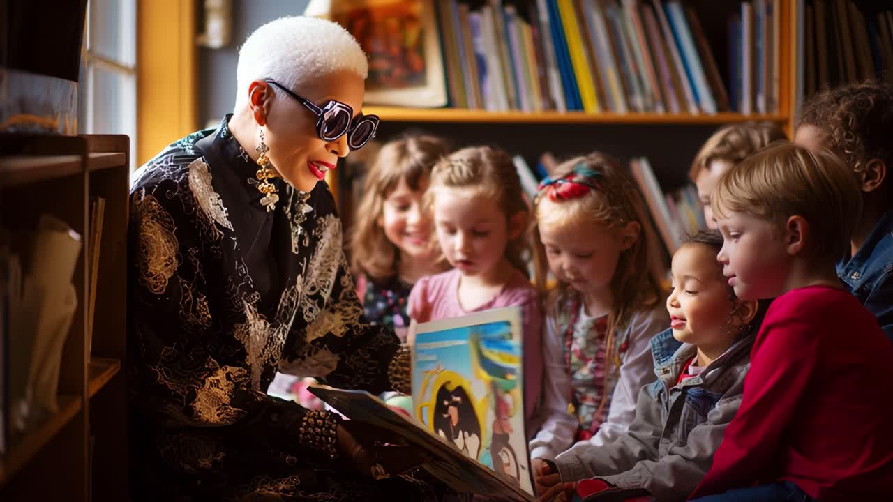 A captivating storytelling session unfolds as a stylish storyteller engages a group of children, fostering imagination and love for reading through colorful illustrated books