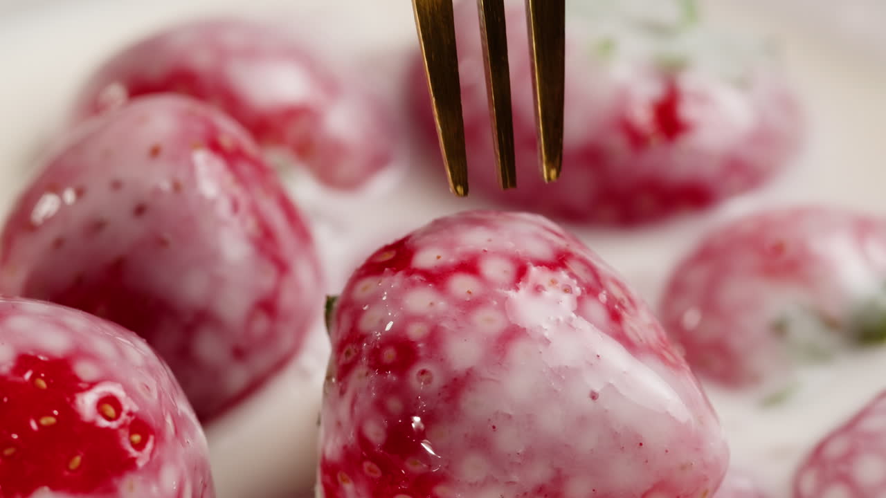 Close-up of Fork Picking a Fresh Strawberry Covered in Cream
