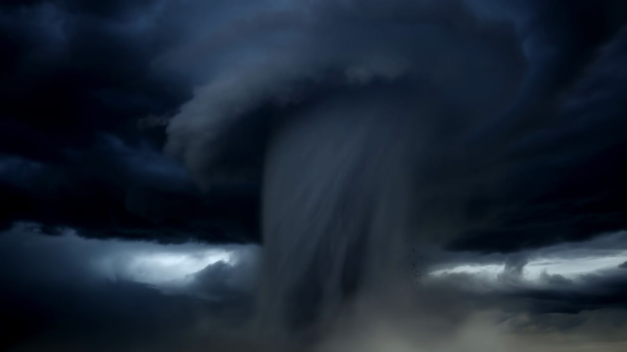 Towering Tornado Funnel Dark Storm Night, Vortex Tightens And Hurls Debris Across Open Plains Funnel Lowers
