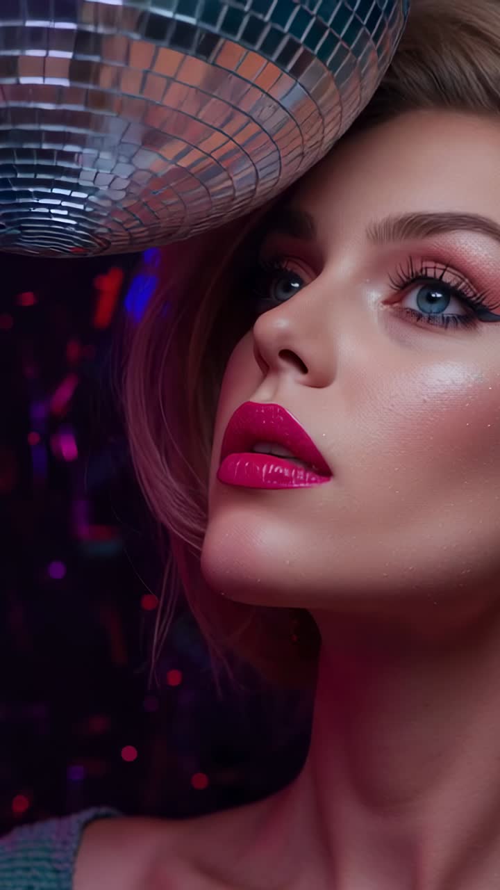 Video verticale: sfera da discoteca rotante che proietta macchie viola-blu su una donna con top lucido in studio