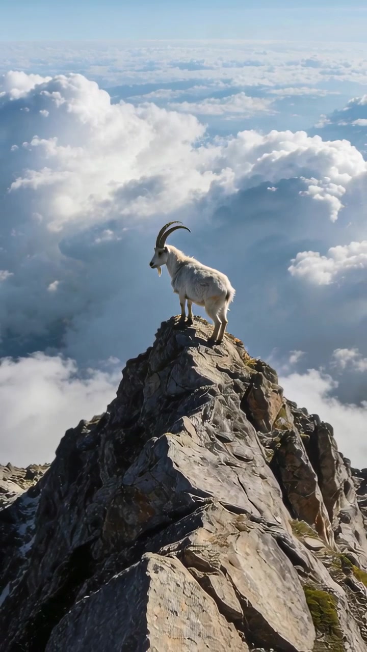 Video vertical: Cámara filmando una cabra alpina equilibrándose, observando el horizonte en una cima irregular, con nubes.