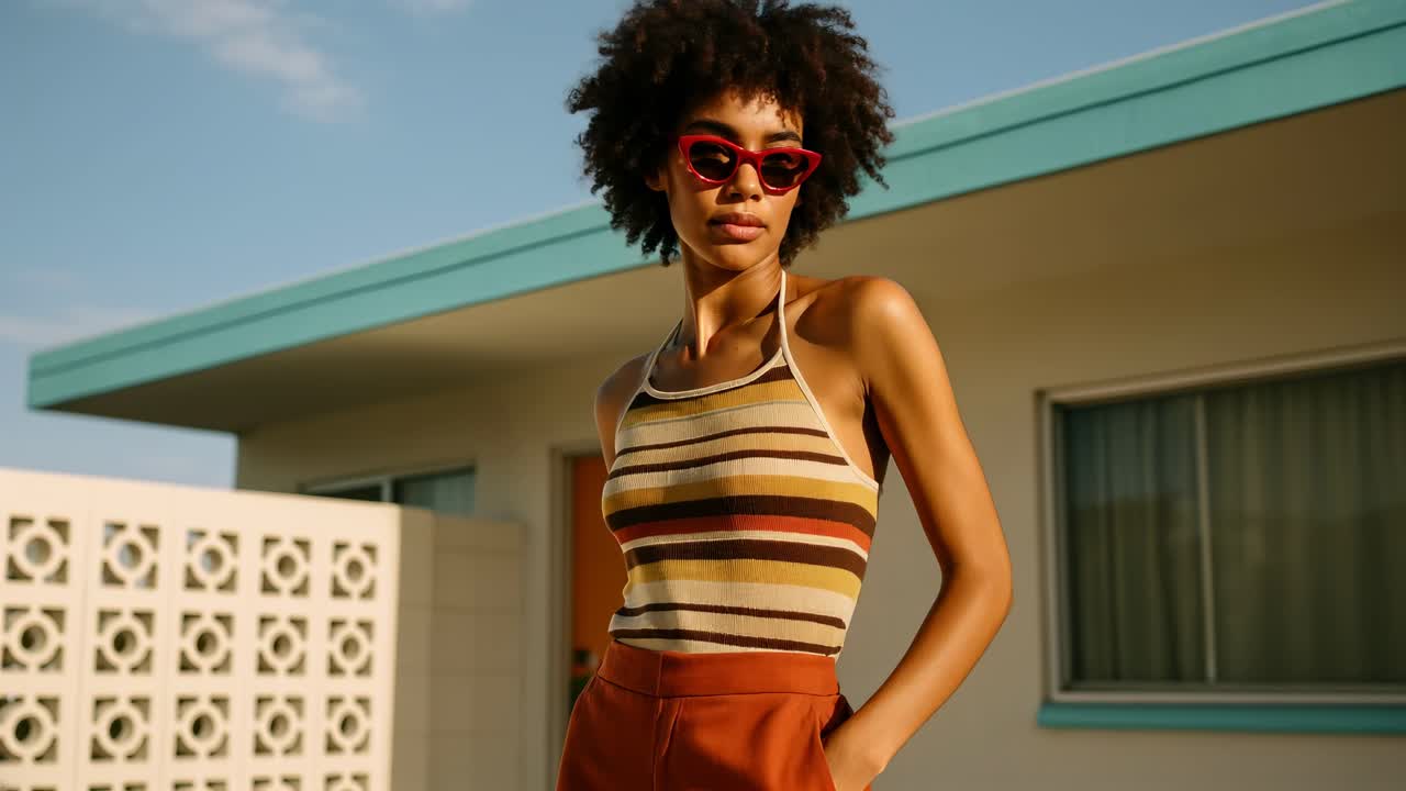 A stylish woman in retro attire poses confidently in front of a mid-century house