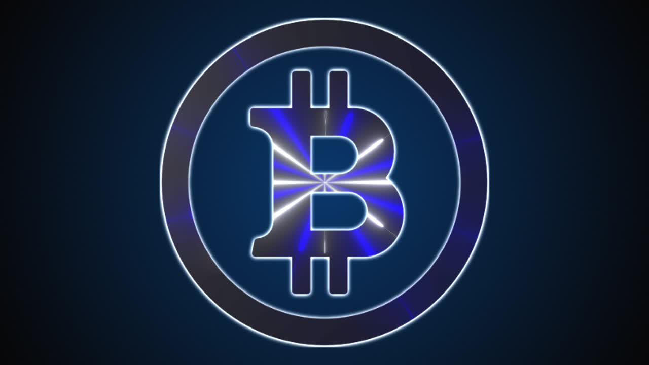 bitcoin con líneas de neón. icono digital generado por computadora. renderización 3d de criptomoneda en el fondo de la web