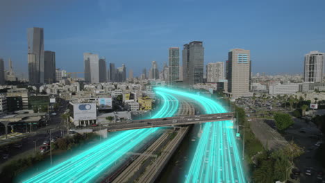 tel aviv skyline and ayalon freeway urban skyscrapers and cars driving with digital lines showing the traffic on the road where traffic jams exist on a daily basis