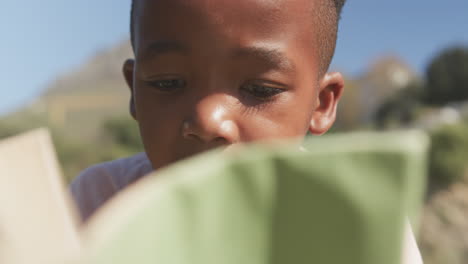 reading book, african american boy focusing on pages, enjoying outdoor learning in park