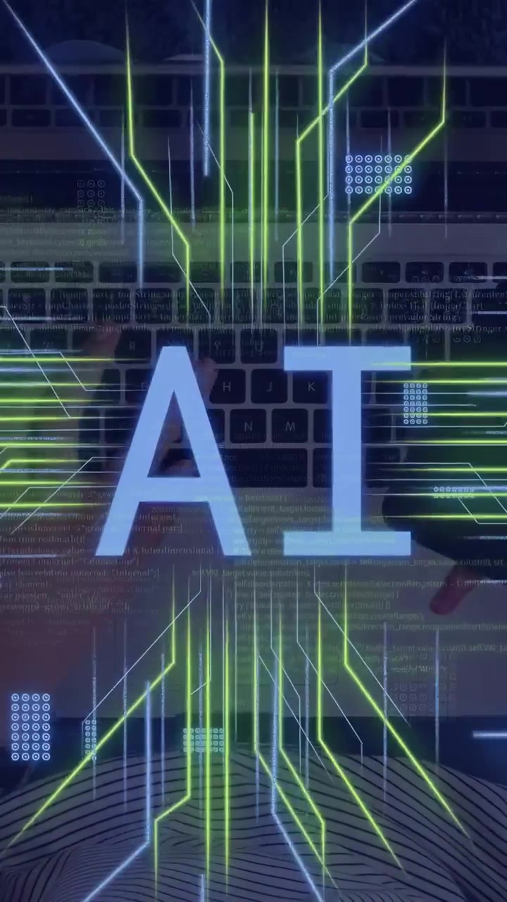 Vertical video: Woman typing on keyboard, radiating neon AI circuits and scrolling code for UI demo