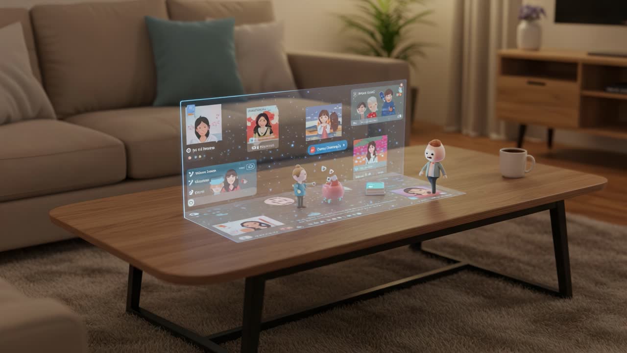 Engaging Virtual Interaction: A Modern Living Room Scene Featuring Interactive Holographic Content and Digital Avatars on a Coffee Table