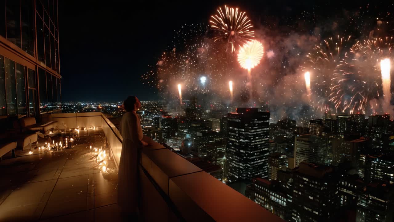 A Spectacular Night Over the City: A Breathtaking Fireworks Display Illuminates the Skyline, Captivating a Sole Observer from the Balcony of a Luxurious High-Rise Building