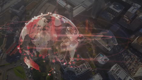 Animation of networks of connections with globe over cityscape