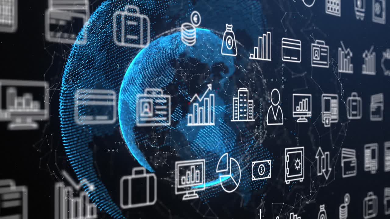 파란색 배경에 전 세계에 걸쳐 여러 디지털 아이콘과 연결 네트워크의 애니메이션