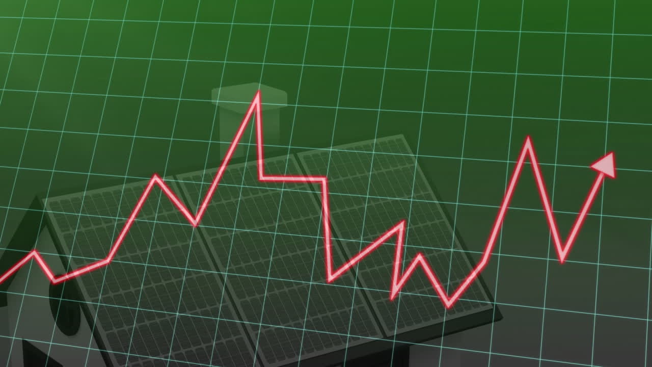 aumento de la línea roja gráfico de animación sobre paneles solares en la casa