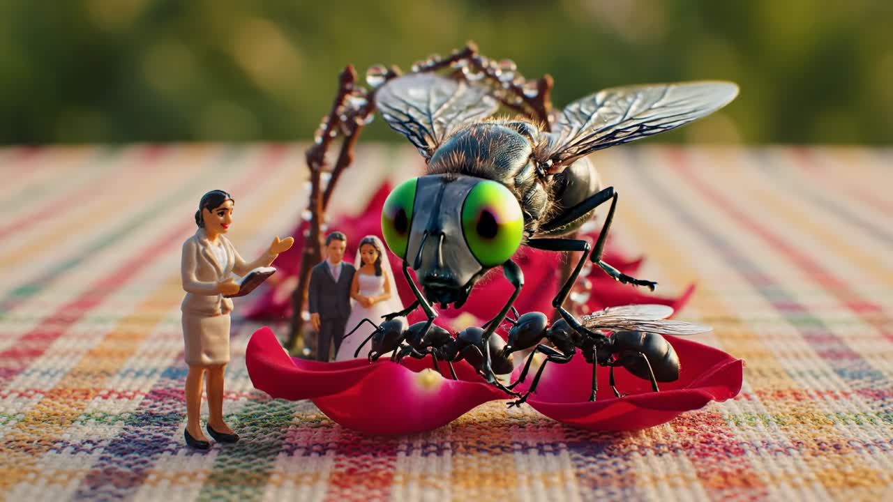 Surrealistisk miniaturebryllupscene afbrudt af kæmpeflue og myrer