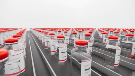 vaccine bottles on the production line. coronavirus vaccine has been certified and ready to injection. many families are waiting to be vaccination from covid-19 and sars, loop 3d render animation.