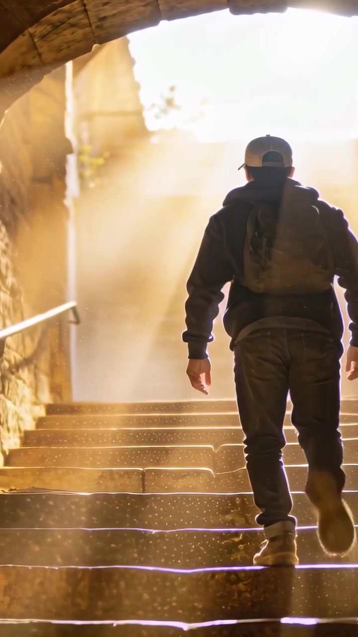 Video verticale: Uomo con zaino che cammina, salendo scale di pietra verso il sole, con raggi che illuminano particelle di polvere.