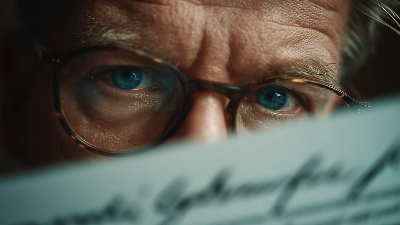 Close-Up Examination of Intriguing Document by a Man with Clear Blue Eyes and Stylish Glasses, Highlighting Intense Focus and Curiosity in the Scene