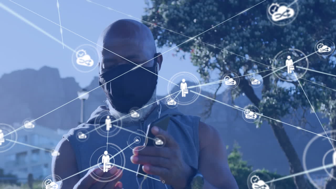 Animation of network of connections over senior african american man using smartphone at beach
