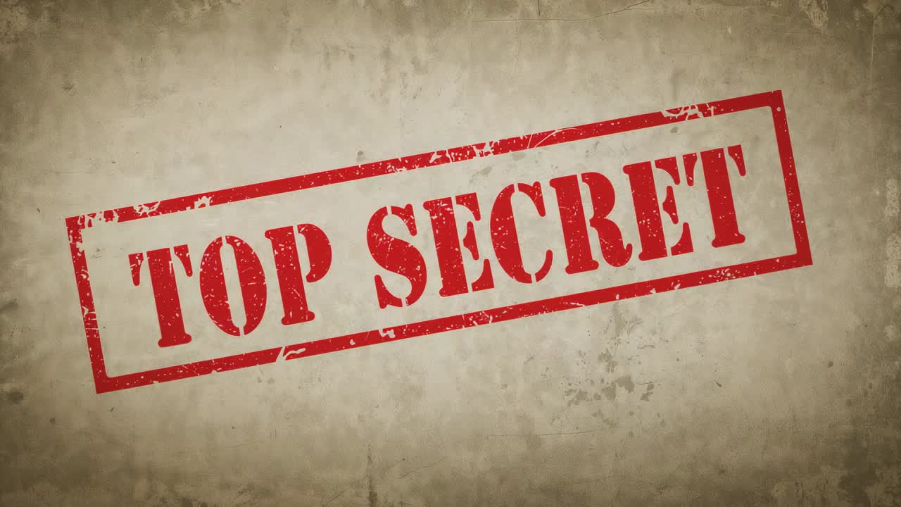 Zooming red TOP SECRET stamp imprint enlarging and rotating during frame sequence on stained paper