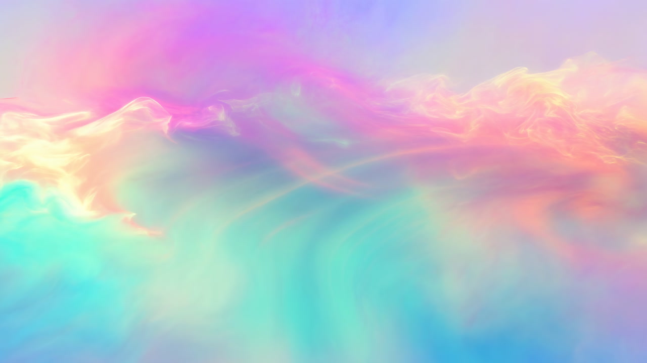 Pastel Clouds Swirl Like Nebula. Soft Iridescent Mist Flows Across Sky With Gentle Gradients Of Pink, Teal,