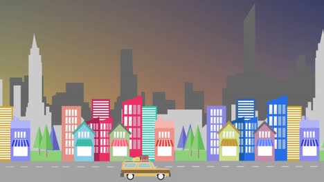 animation of car moving against cityscape in background