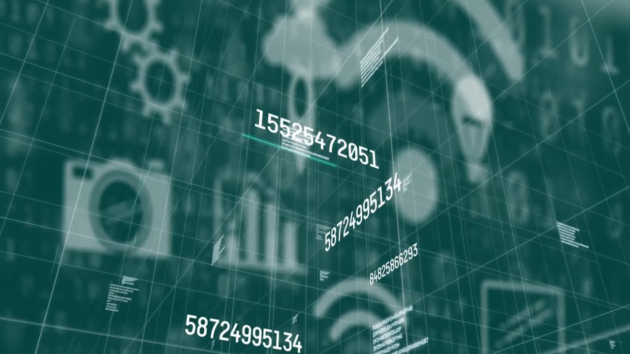 Multiple changing numbers and data processing against multiple digital icons on green background