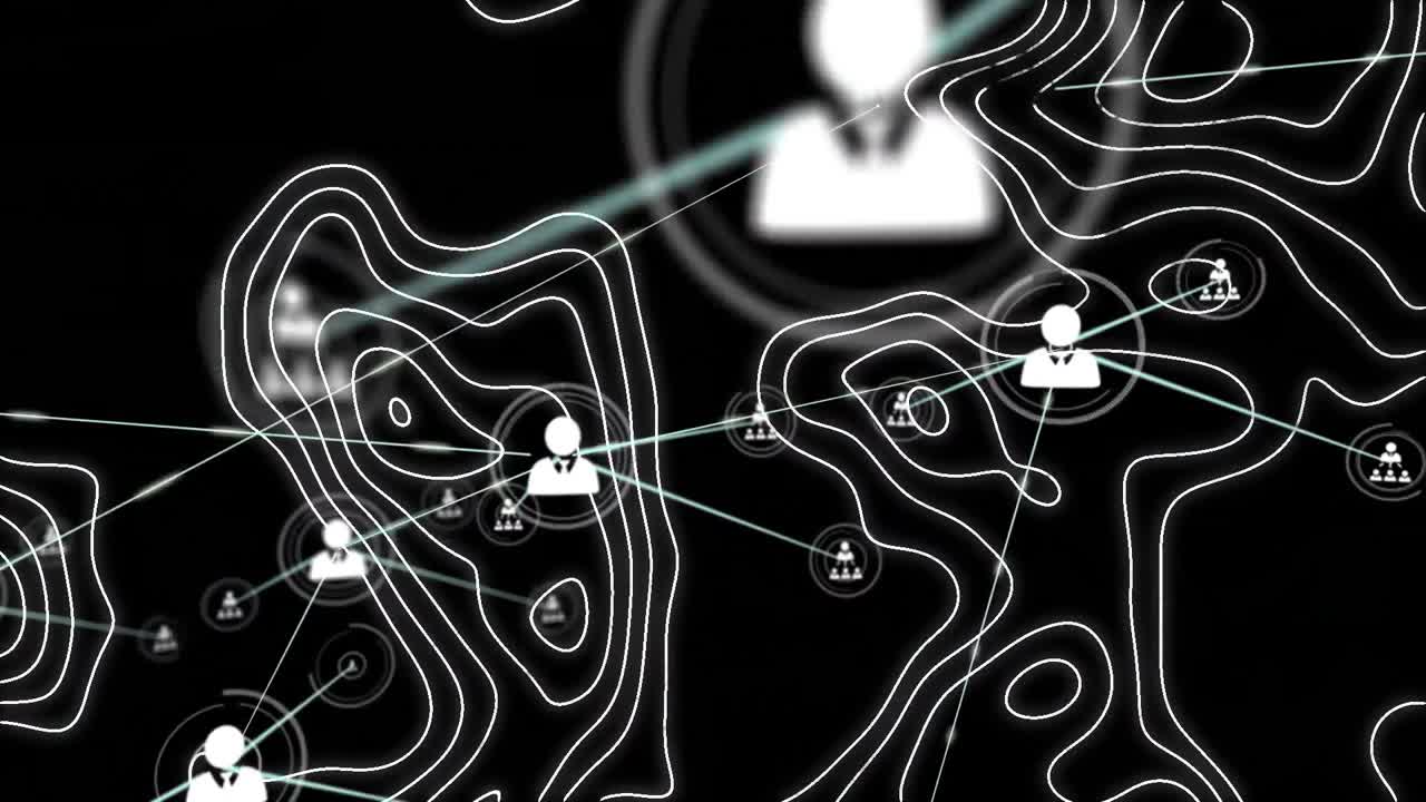 animación de la red de conexiones con iconos sobre líneas blancas del mapa