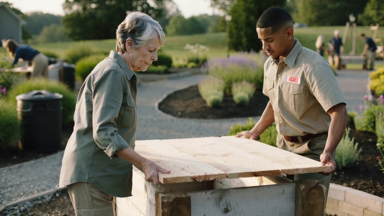 Grasping lid, utility-clad pair lowering board onto planter in community garden to close bed