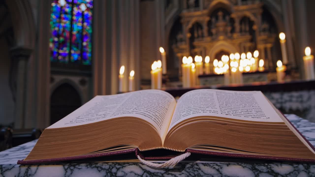 A wide-angle video shot captures the grandeur of a Gothic cathedral interior, showcasing intricate