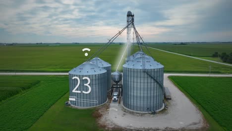 granja futurista con silos con animación de conectividad iot y lecturas digitales