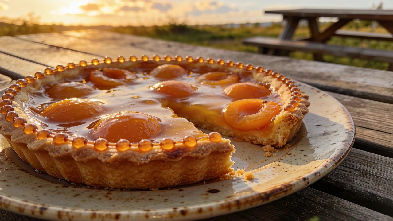 Telecamera che si allontana da un primo piano dal basso, rivelando una crostata di albicocche su un tavolo da picnic in riva al mare.