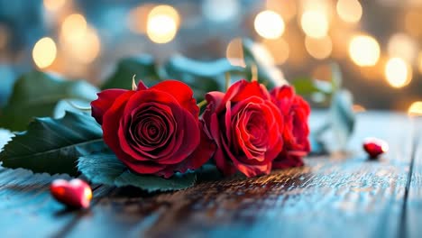 red roses on a table. three red roses are arranged on a wooden table, illuminated by soft, warm lights in the background.