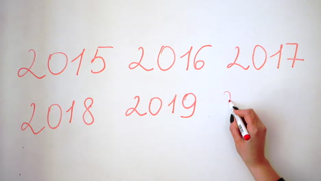 Schreiben-Des-Aktuellen-Jahres,-Datum-Hinter-Den-Letztjährigen-Daten-Auf-Einem-Whiteboard-Mit-Rotem-Marker,-2020