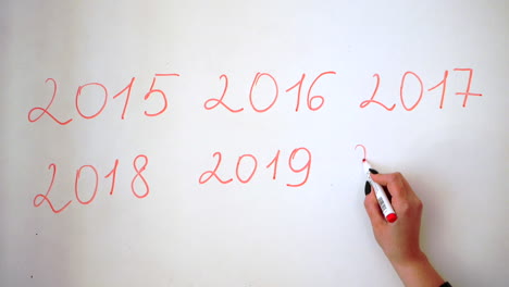 writing the actual year, date behind the last year's dates on a whiteboard with red marker, 2020